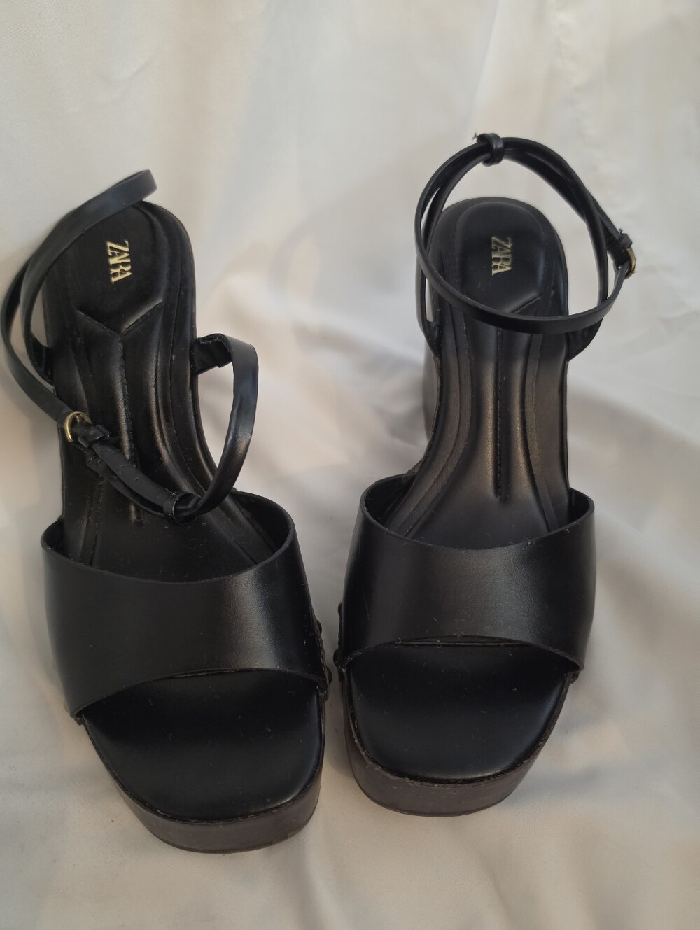 Zara Black Studded Leather Wedge Sandals Platform Ankle Strap Wood Look Sole